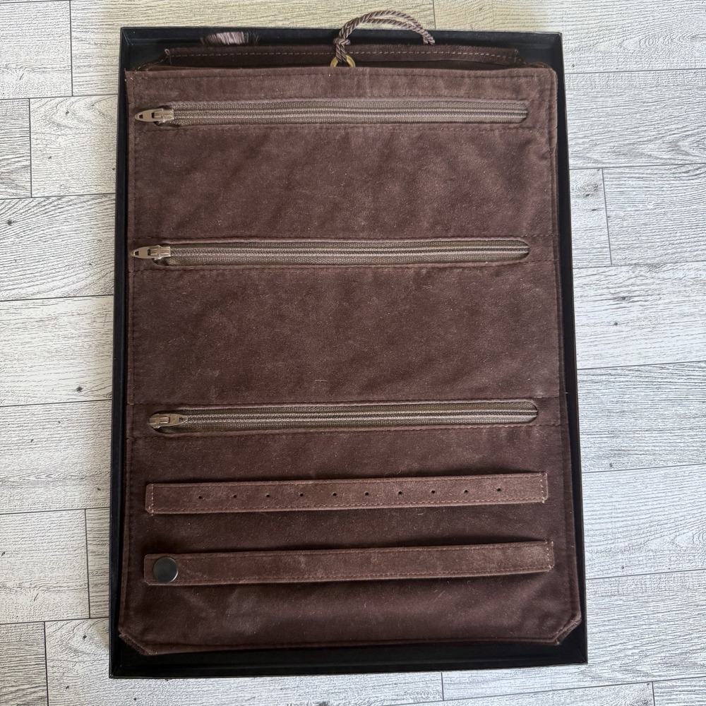 Vtg Rolfs Leather Jewelry Roll Brown Suede Travel Organizer Rose Emblem In Box